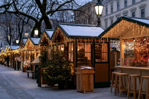 Verlichte houten kerstmarktkraampjes in de schemering met warme gouden lichtjes