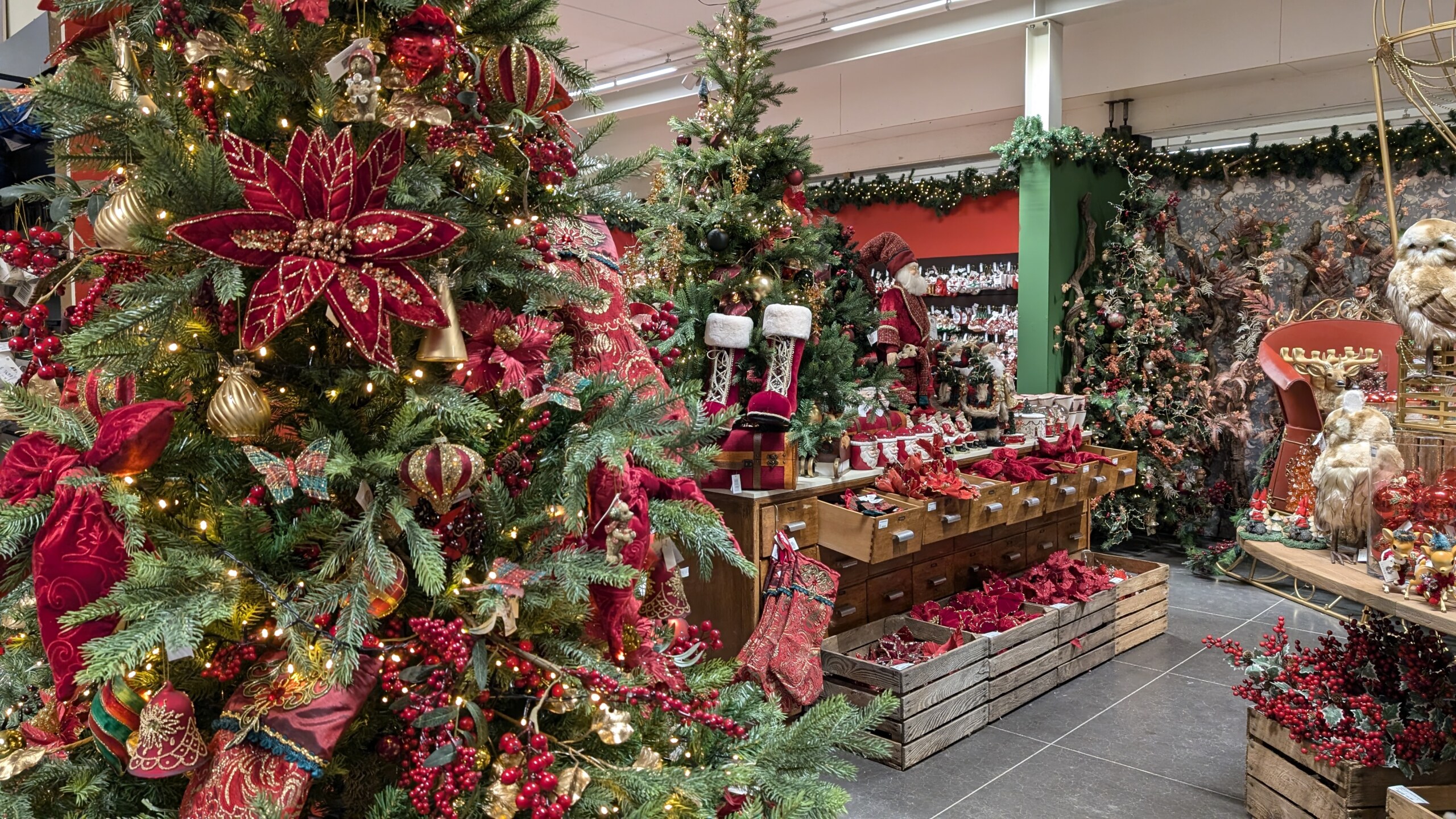 Kerstshow Tuincentrum De Boet in Hoogwoud met rode en gouden kerstdecoratie