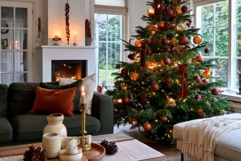 Kerstboom met matte bordeaux en amberkleurige ballen en fluwelen linten in een woonkamer met haardvuur