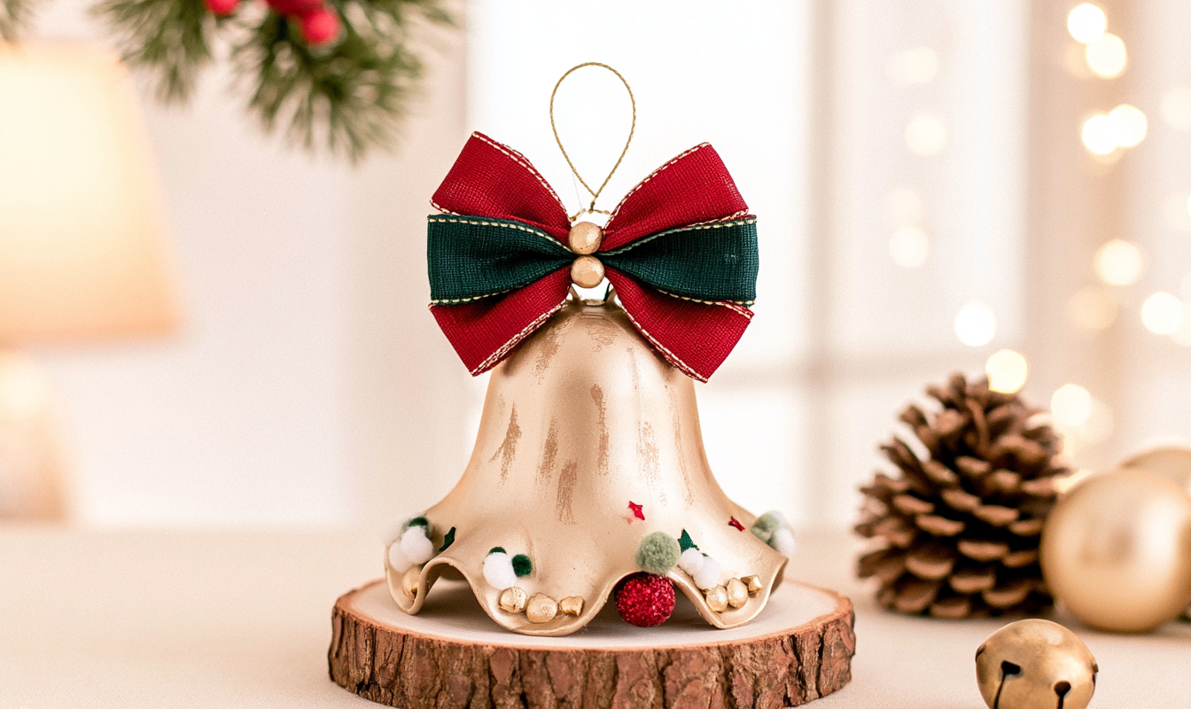 Handgemaakt gouden kerstklokje van een flesbodem met rood groene strik en pompons