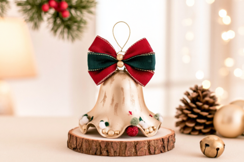 Handgemaakt gouden kerstklokje van een flesbodem met rood groene strik en pompons