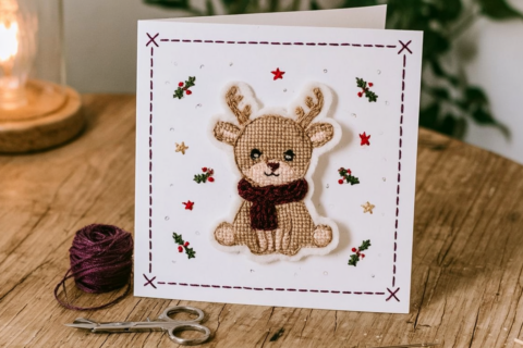 Handgemaakte kerstkaart met een geborduurde rendier-patch, hulsttakjes en kleine sterretjes