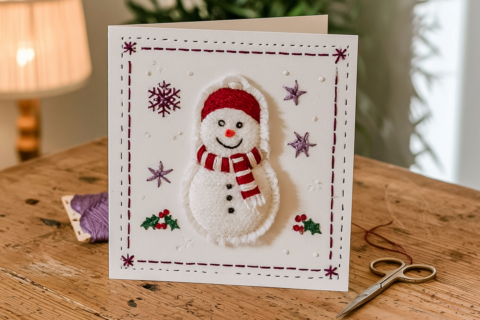 Handgemaakte kerstkaart met een geborduurde sneeuwpop patch paarse sneeuwvlokjes en een gestikte rand