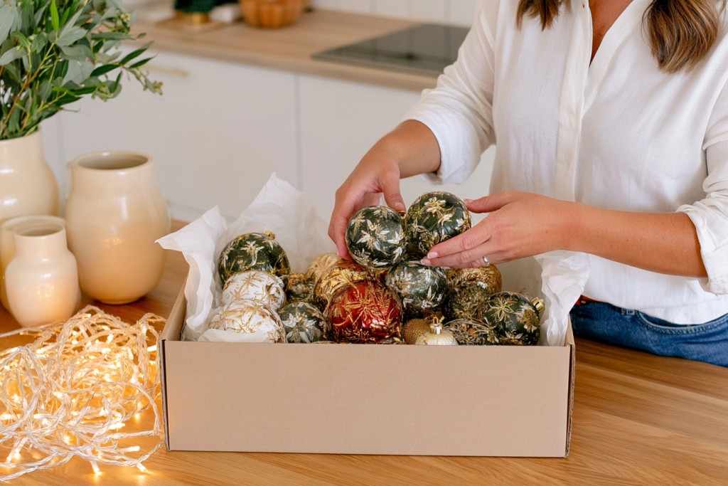 Handen die kerstballen uit een kartonnen doos halen met een lichtsnoer in de knoop ernaast