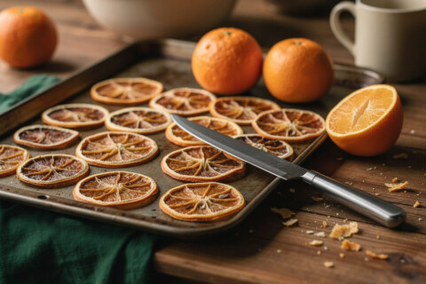 Gedroogde sinaasappelschijfjes op een bakplaat met hele sinaasappels en een mes ernaast