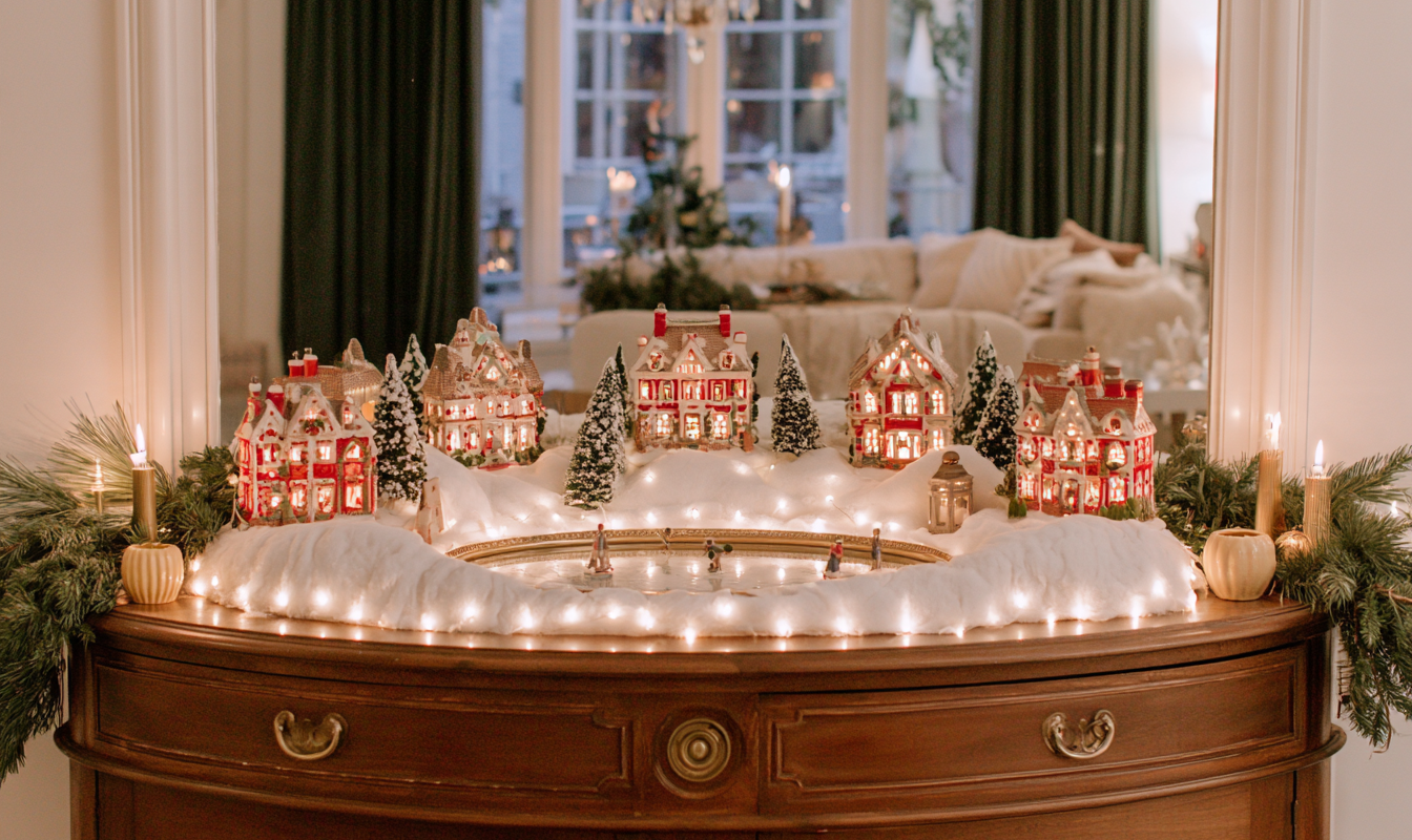 Kerstdorp met verlichte huisjes op een dressoir met watten sneeuw boompjes en een spiegeltje als ijsbaan