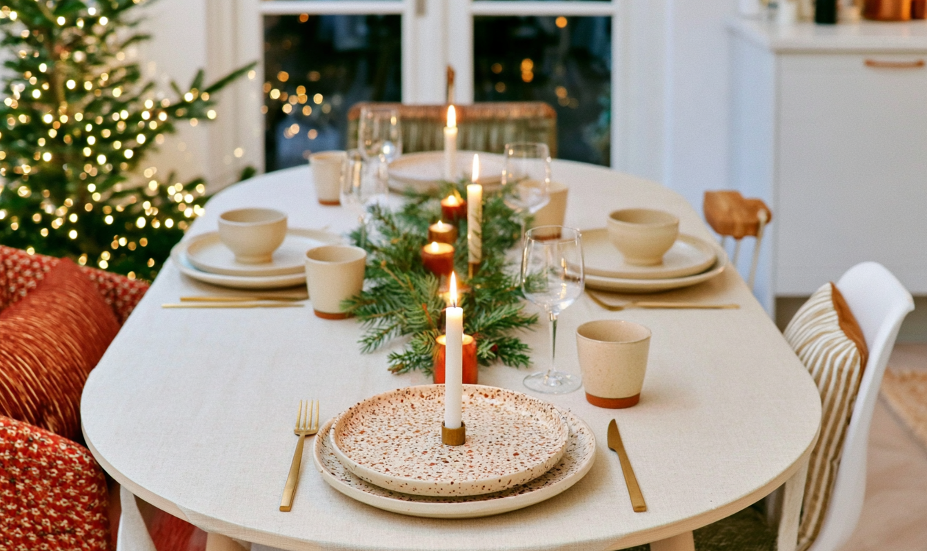 Gedekte kersttafel met een lege stoel en een brandende kaars op het bord ervoor