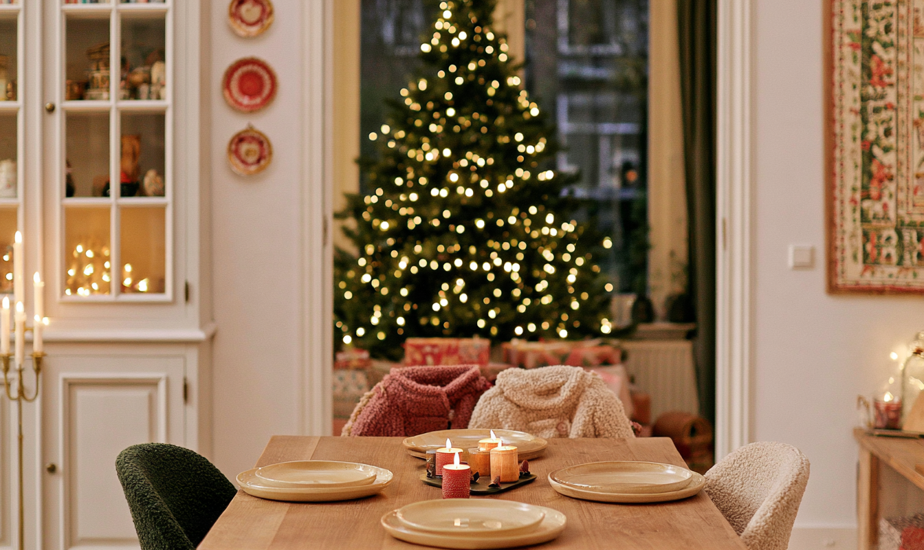 Kersttafel met borden en kaarsen in een rustige woonkamer gedekt voor een klein gezelschap