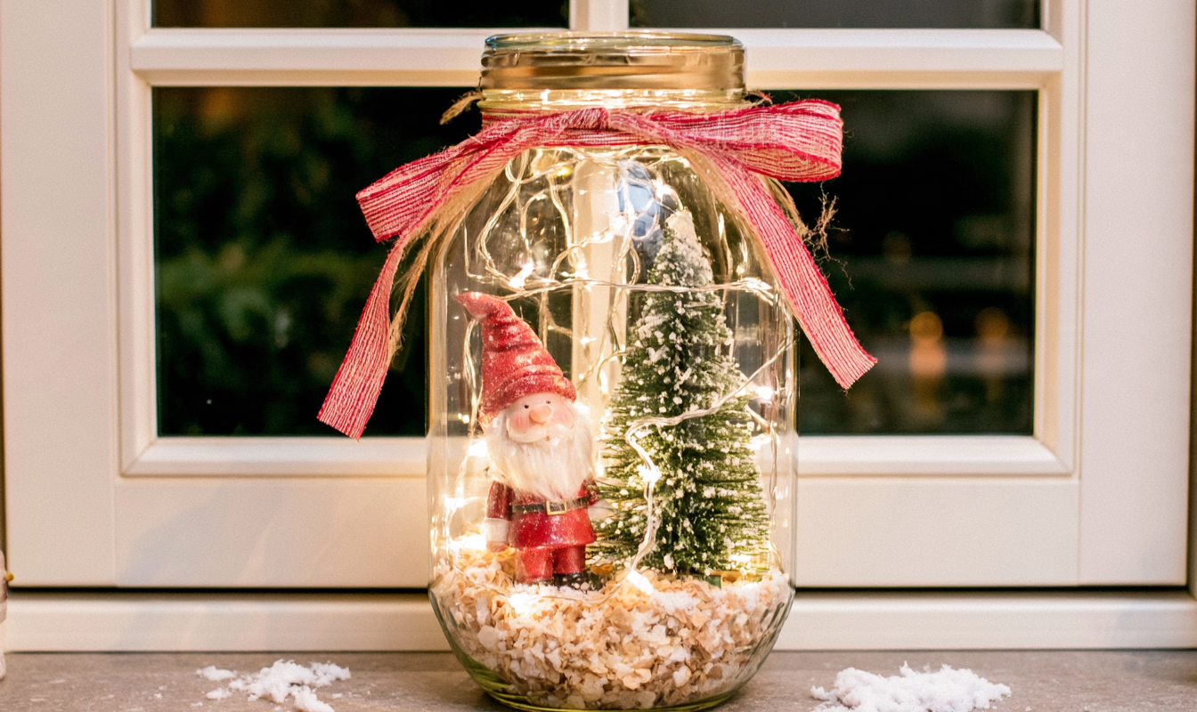 Glazen weckpot met kunstsneeuw een rode kerstkabouter klein boompje en brandend lichtsnoer met rode strik