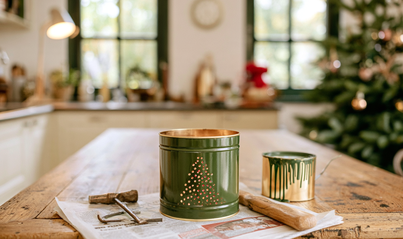 Groen geverfd blik met geprikte gaatjes in de vorm van een kerstboom met hamer spijker en touw ernaast