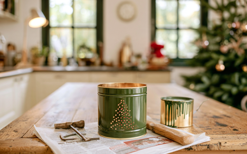 Groen geverfd blik met geprikte gaatjes in de vorm van een kerstboom, met hamer, spijker en touw ernaast