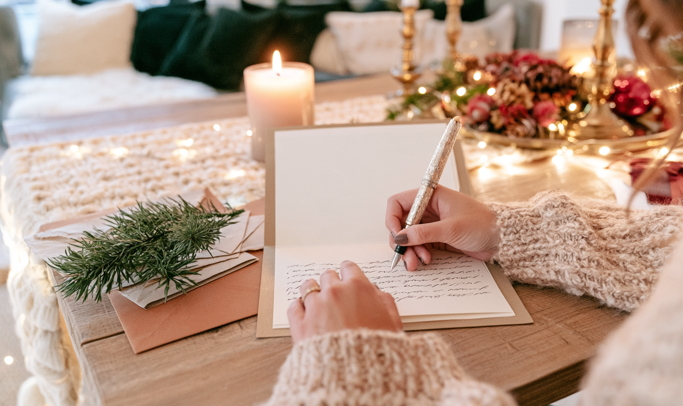Close up van een hand die een kerstkaart schrijft bij kaarslicht