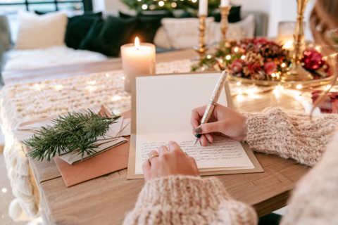 Close up van een hand die een kerstkaart schrijft bij kaarslicht
