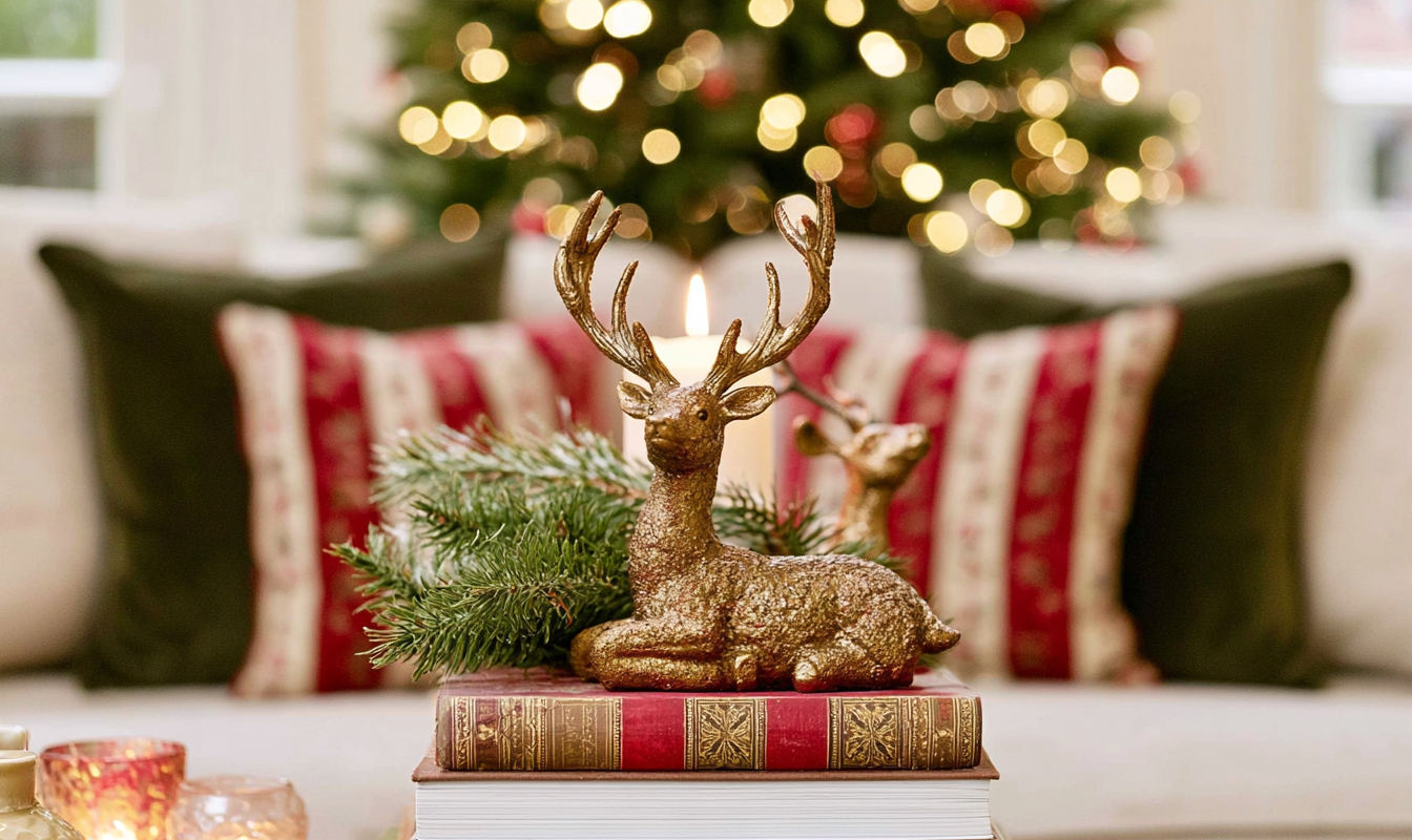 Close up van een matgouden hertenbeeldje met gewei op een stapel boeken bij kaarslicht