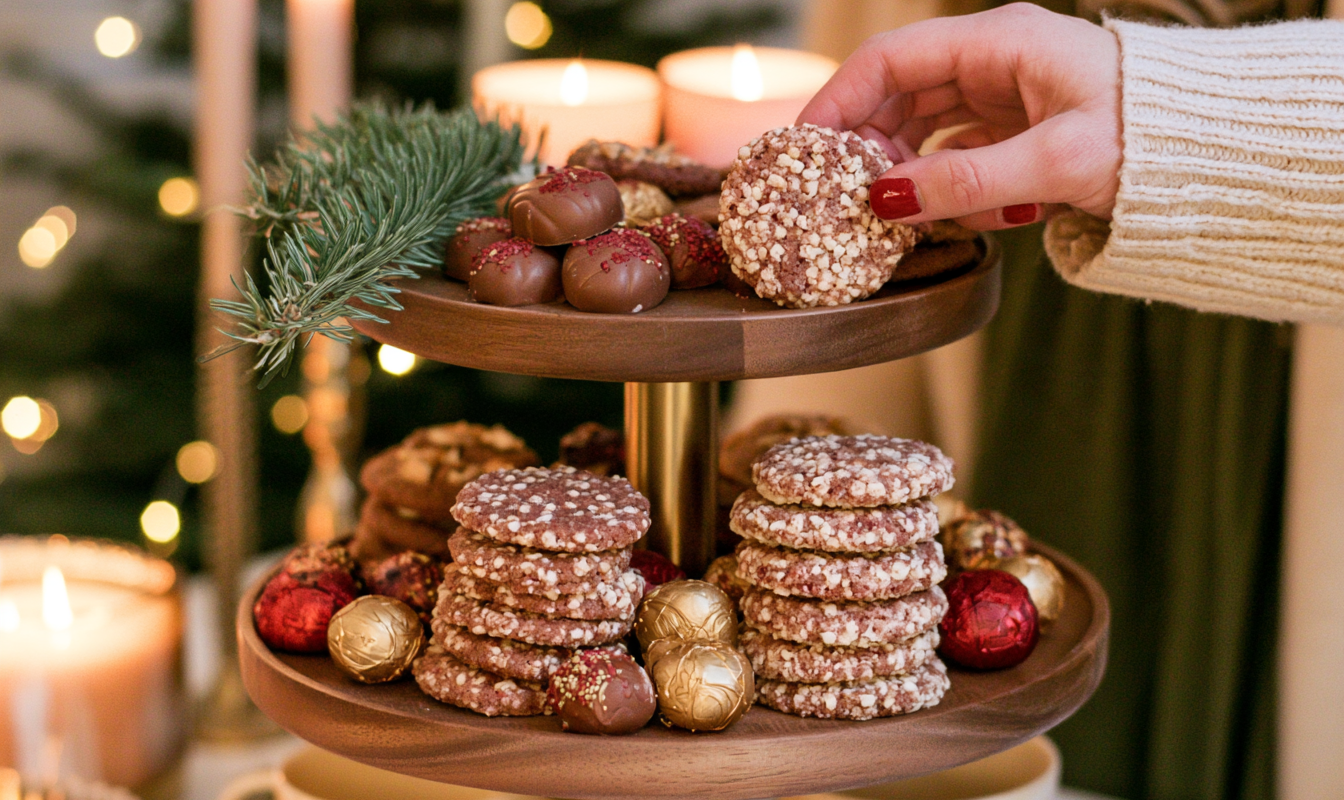 Houten etagère met twee etages vol kerstkoekjes en mandarijnen op een gedekte kersttafel