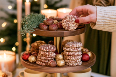 Houten etagère met twee etages vol kerstkoekjes en mandarijnen op een gedekte kersttafel