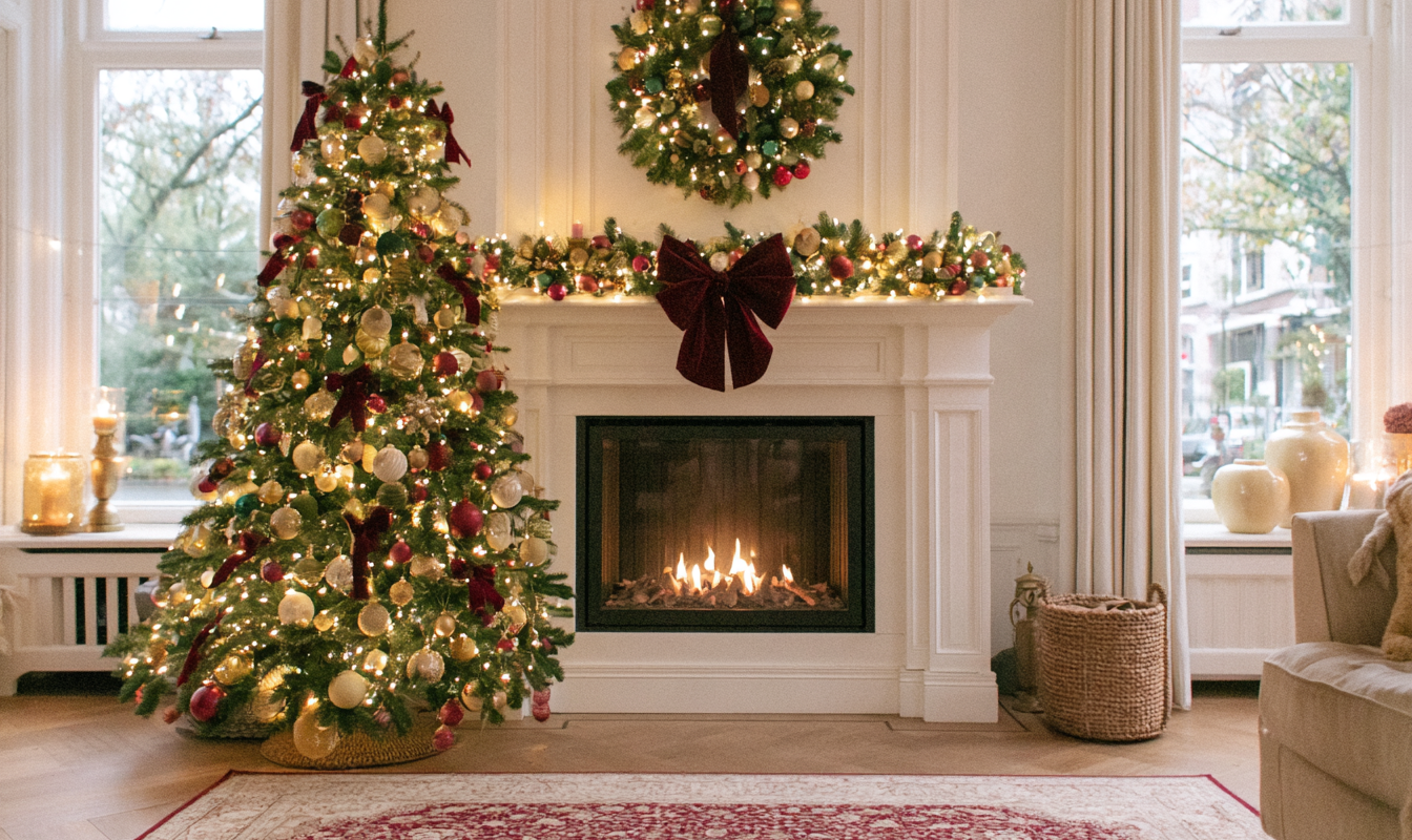 Volle kerstboom met vintage ballen fluwelen linten en gekleurde lampjes in een warme woonkamer
