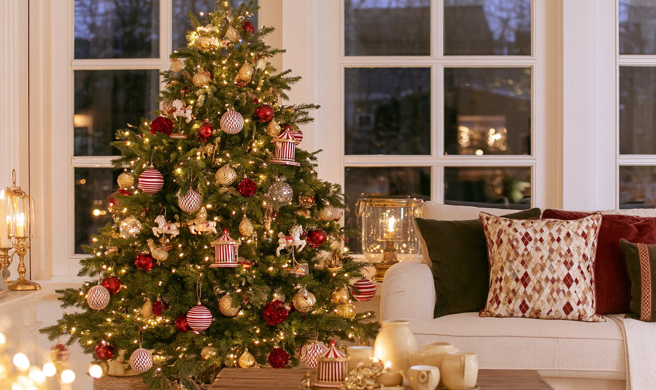 Kerstboom met gestreepte ornamenten carrouselpaardjes en harlekijnkussen in een warme woonkamer