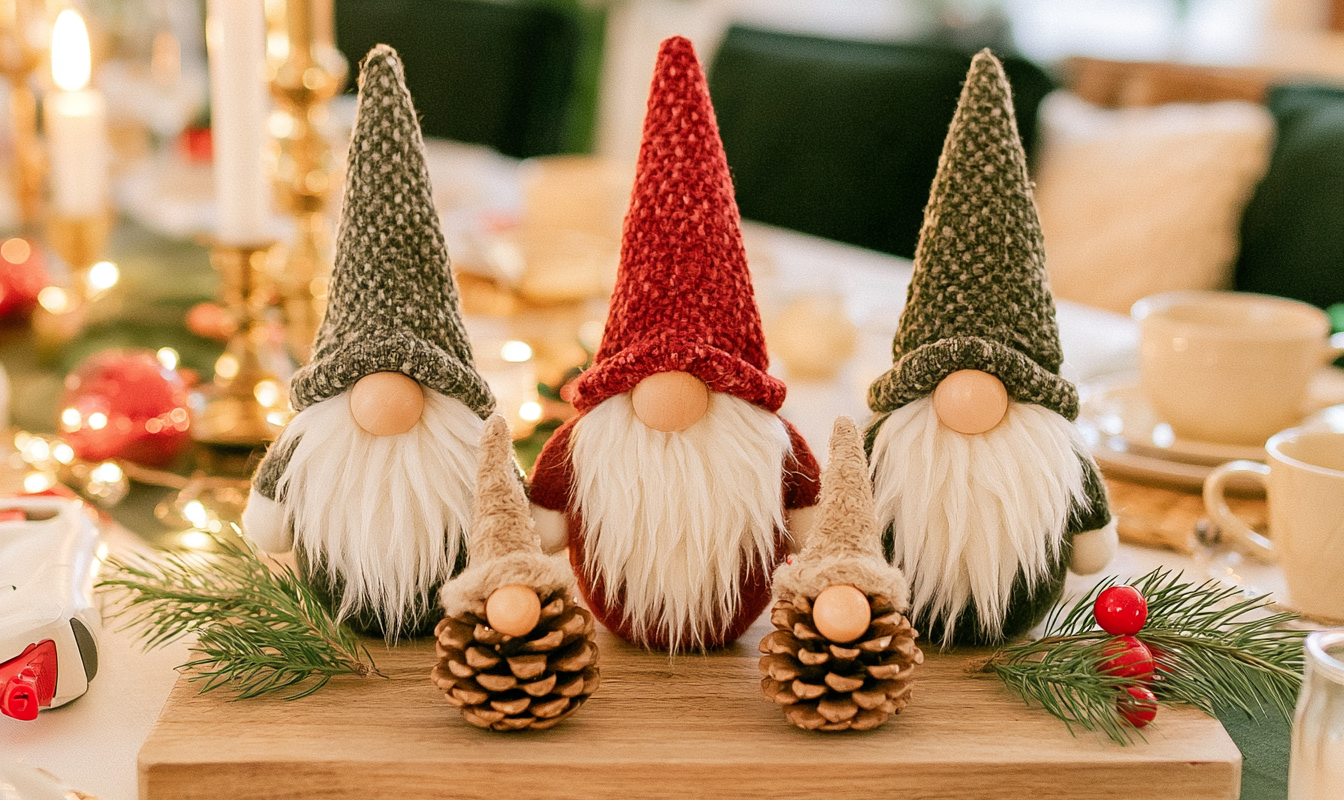 Zelfgemaakte kerstkabouters van sokken en dennenappels op een houten plank met dennengroen