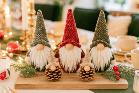 Zelfgemaakte kerstkabouters van sokken en dennenappels op een houten plank met dennengroen