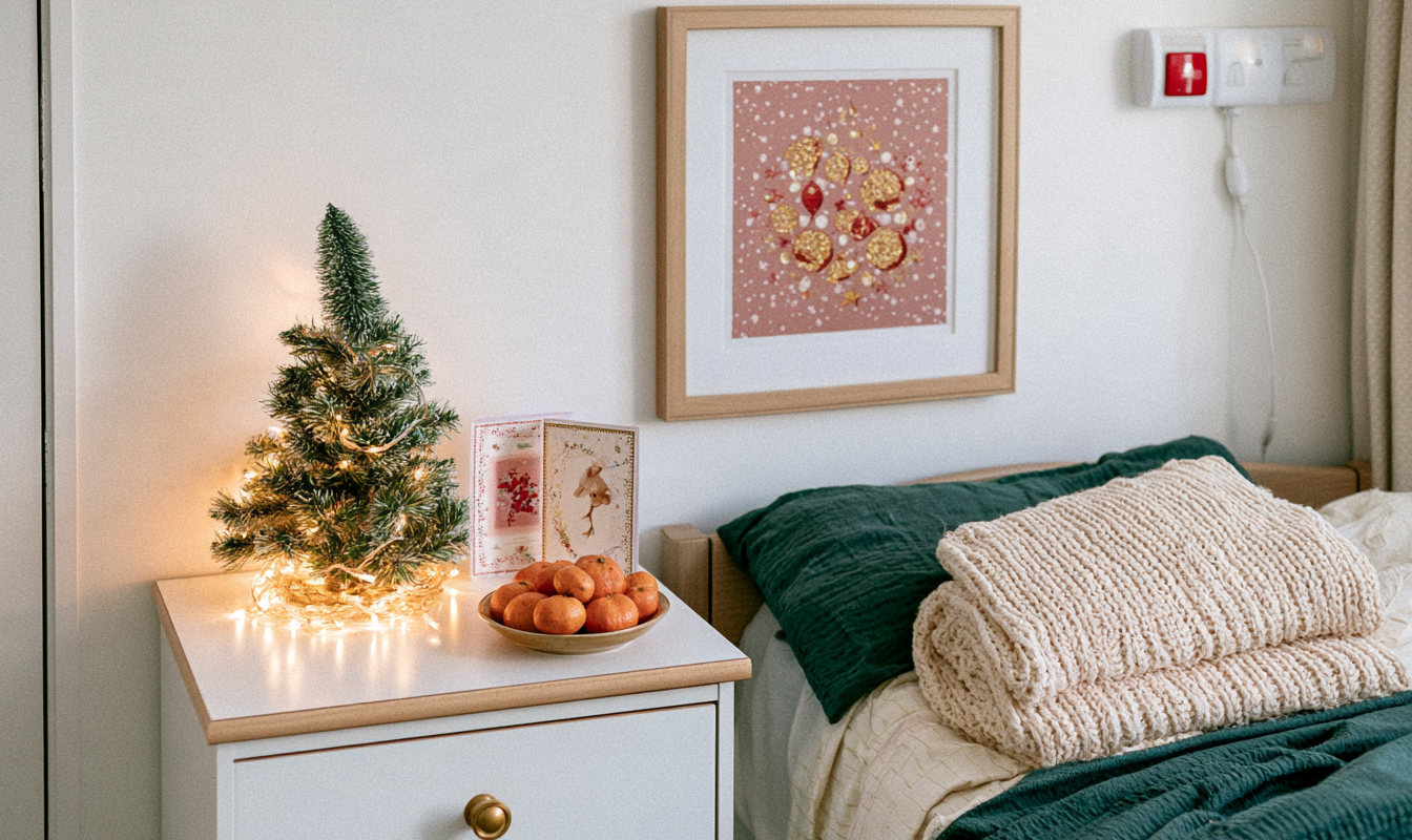 Ziekenhuiskamer of zorgkamer met een klein kerstboompje op het nachtkastje en een kaart ernaast