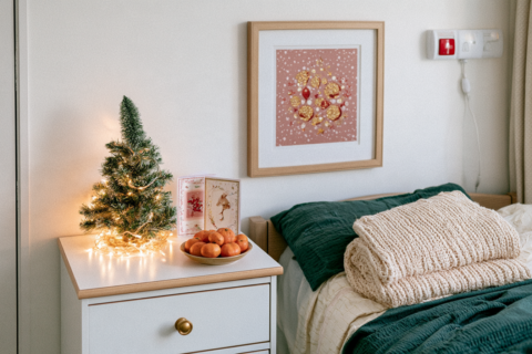 Ziekenhuiskamer of zorgkamer met een klein kerstboompje op het nachtkastje en een kaart ernaast