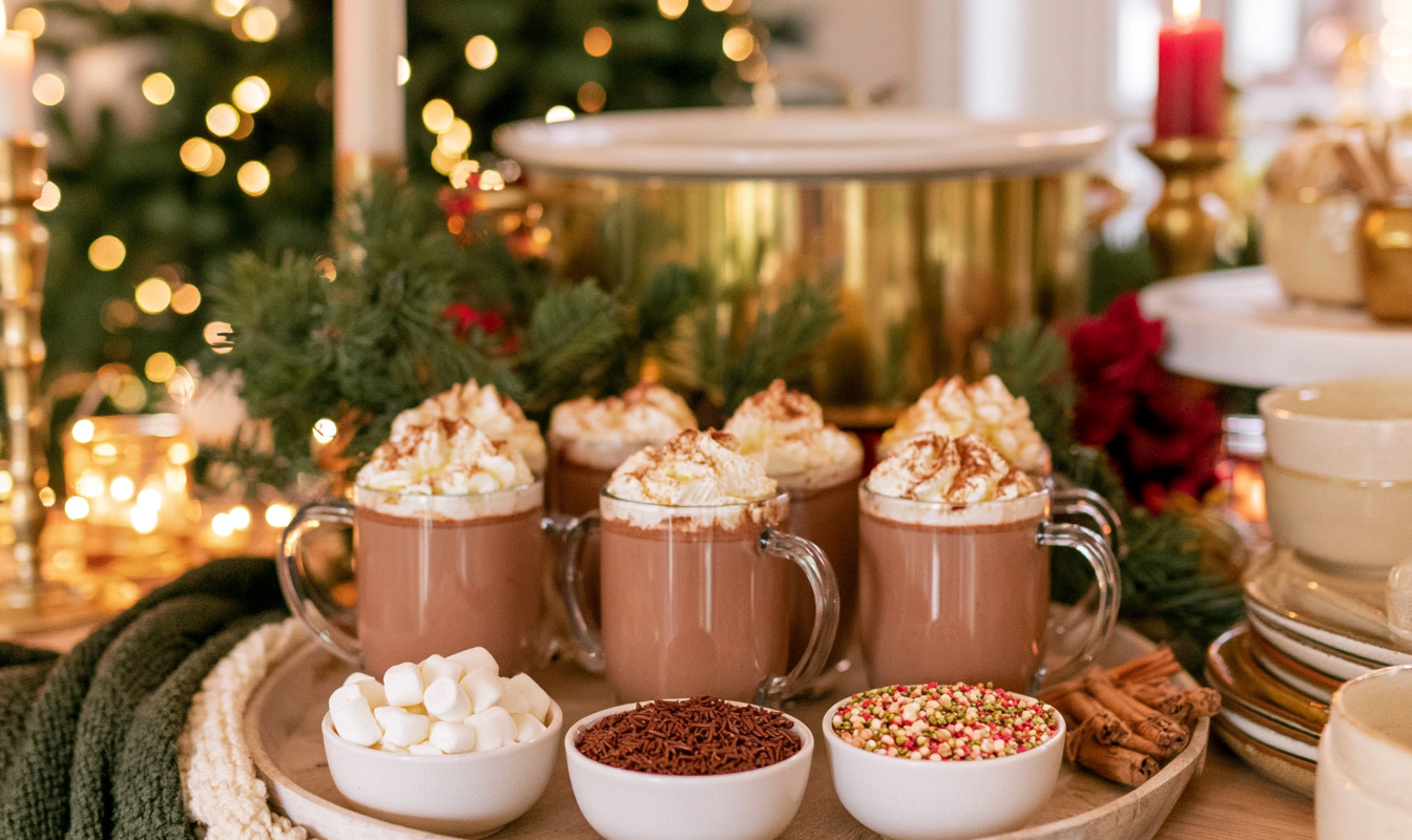 Glazen mokken warme chocolademelk met slagroom naast bakjes met marshmallows hagelslag en spikkels