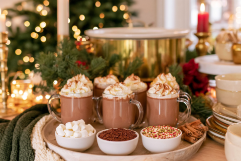 Glazen mokken warme chocolademelk met slagroom naast bakjes met marshmallows hagelslag en spikkels