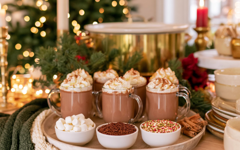 Glazen mokken warme chocolademelk met slagroom naast bakjes met marshmallows, hagelslag en spikkels