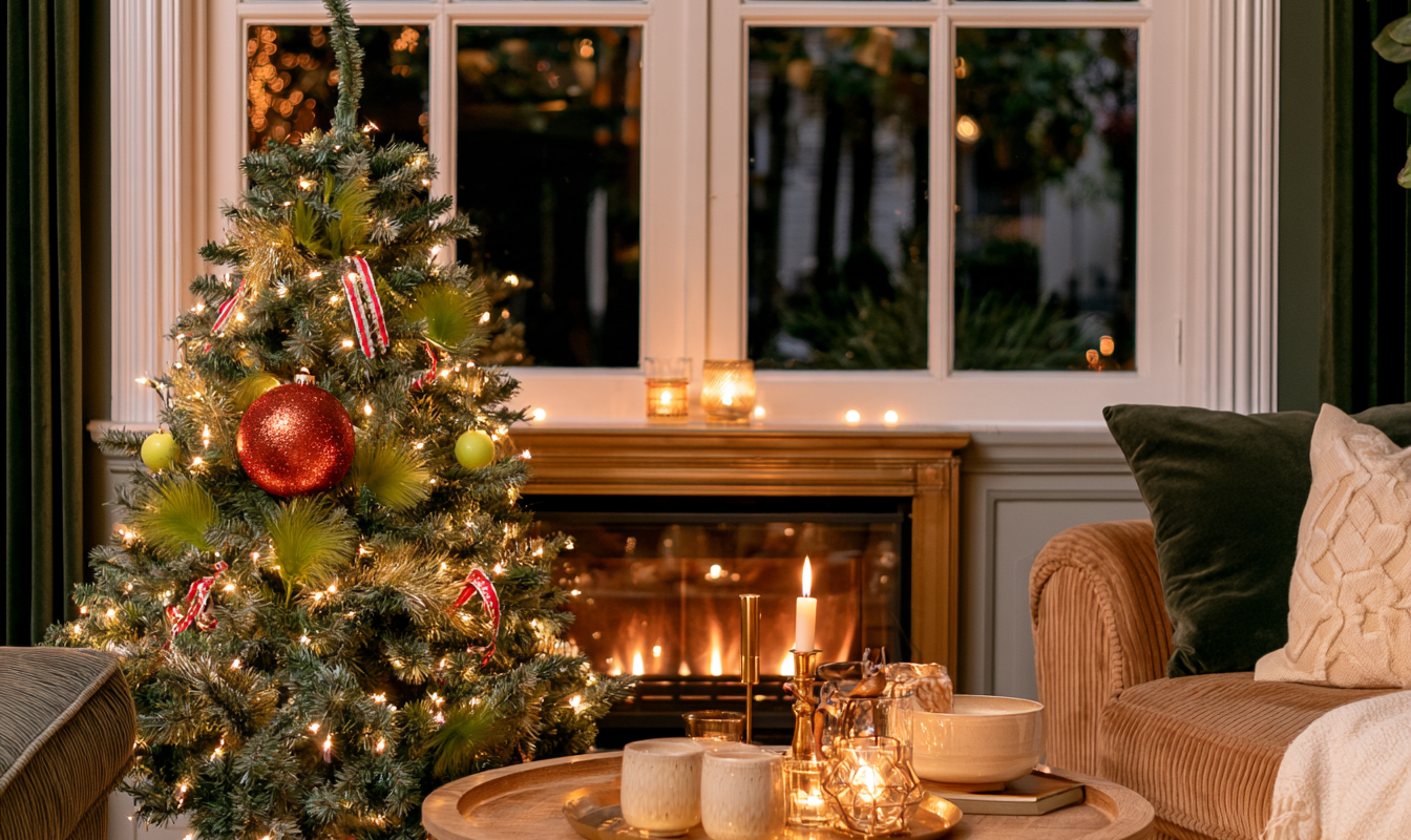 Close up van een gebogen kerstboomtop met een grote rode kerstbal en groene veren tussen de takken