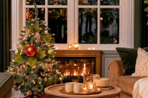 Close up van een gebogen kerstboomtop met een grote rode kerstbal en groene veren tussen de takken