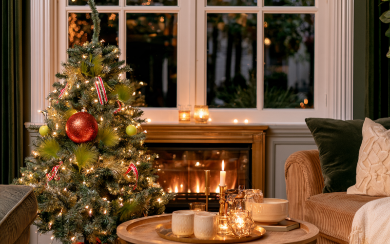 Close-up van een gebogen kerstboomtop met een grote rode kerstbal en groene veren tussen de takken