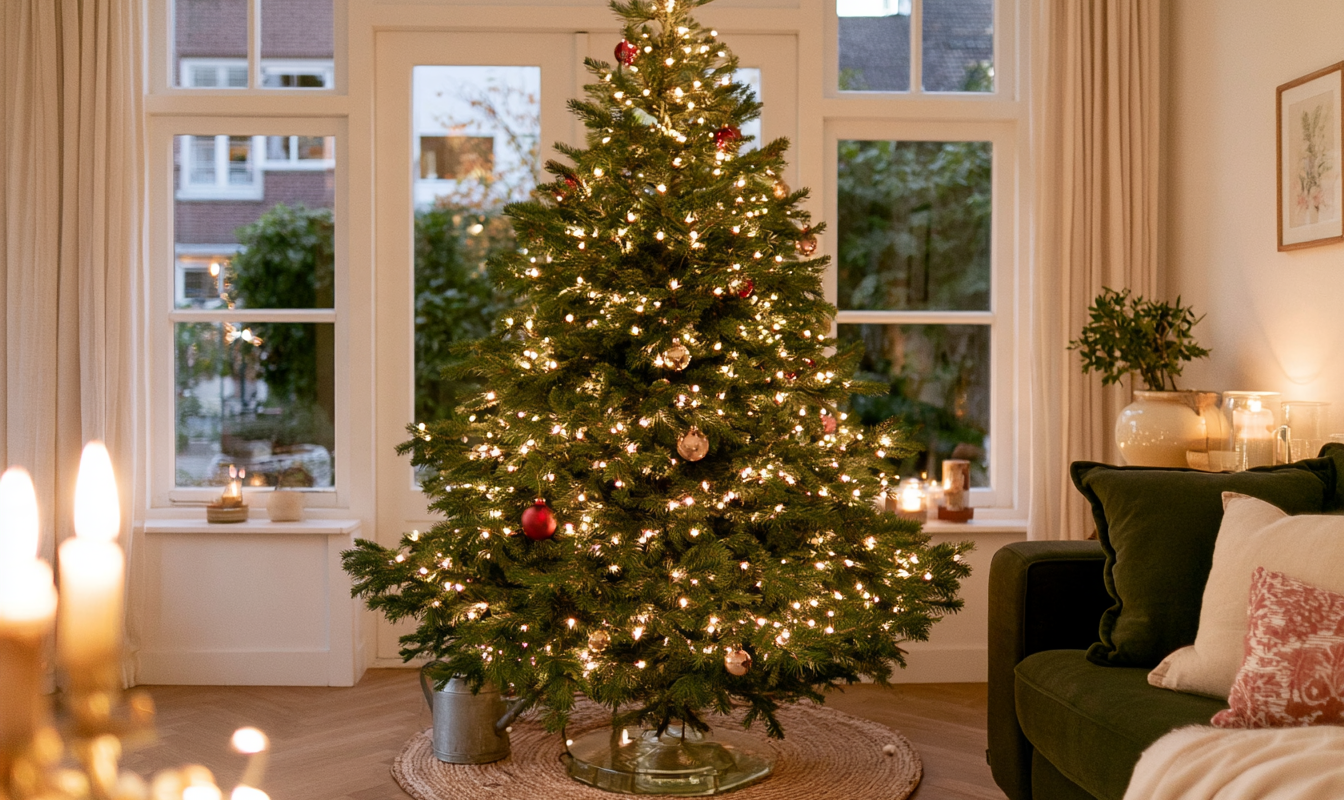 Versierde echte kerstboom in een woonkamer met een kerstboomvoet met water eronder