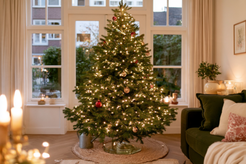 Versierde echte kerstboom in een woonkamer met een kerstboomvoet met water eronder