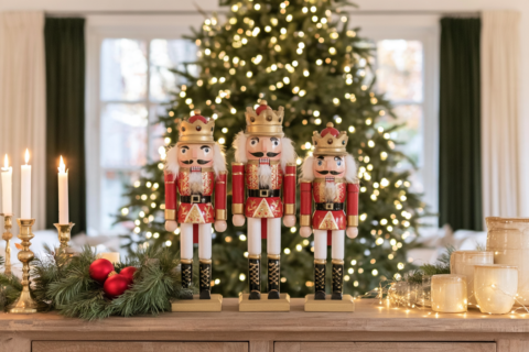 Drie rode notenkrakers op een schouw tussen dennengroen kaarsen en kerstballen