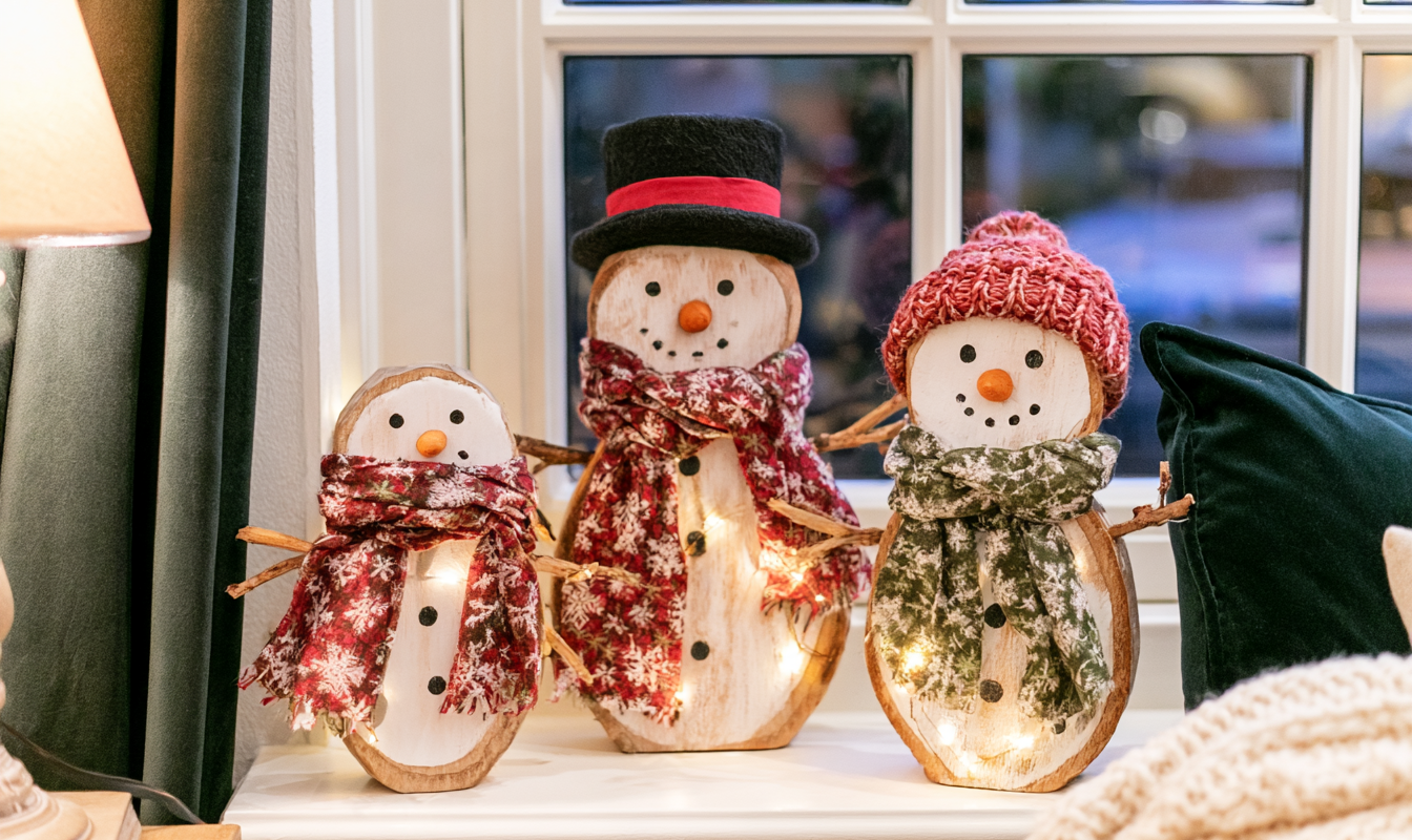 Drie zelfgemaakte houten sneeuwpoppen in aflopende maat met hoge hoed rode muts en sjaals van kerststof