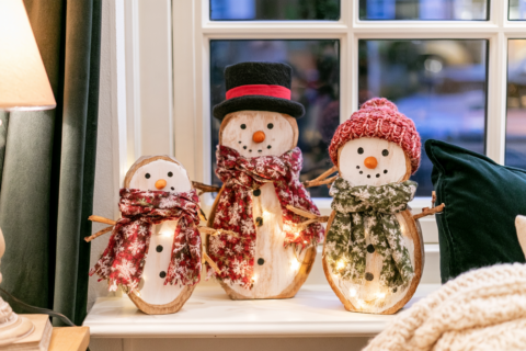 Drie zelfgemaakte houten sneeuwpoppen in aflopende maat met hoge hoed, rode muts en sjaals van kerststof