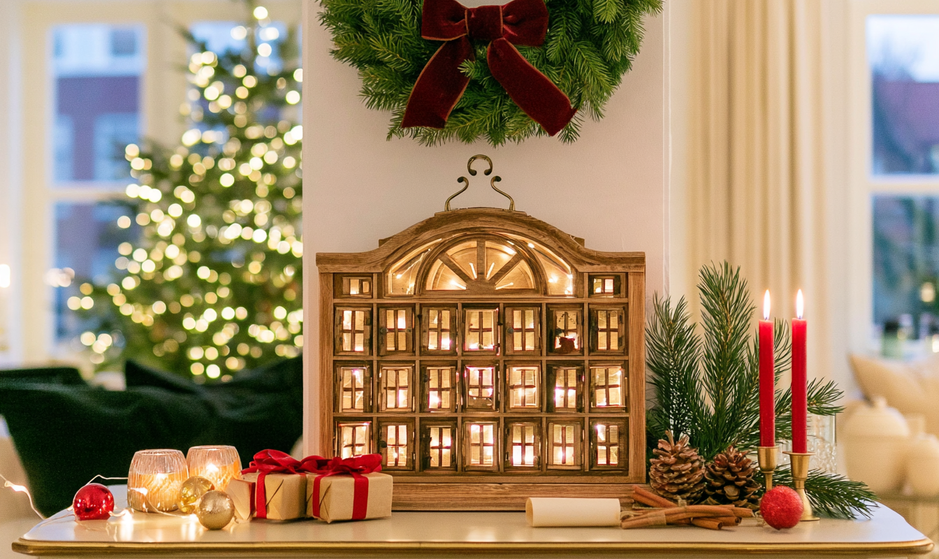 Houten adventskalender met kleine lampjes op een dressoir met dennengroen en kaarsen ernaast