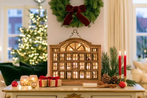 Houten adventskalender met kleine lampjes op een dressoir met dennengroen en kaarsen ernaast