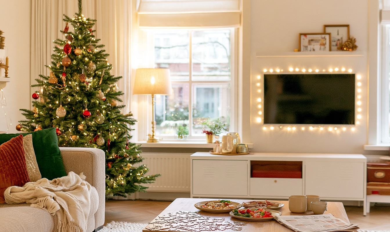 Woonkamer tussen kerst en oud en nieuw met kerstboom restjes op tafel en een deken op de bank