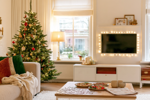 Woonkamer tussen kerst en oud en nieuw met kerstboom restjes op tafel en een deken op de bank