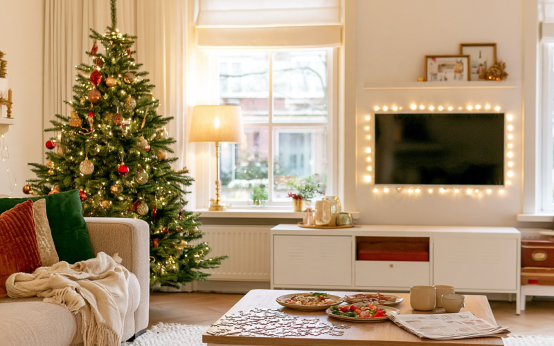 Woonkamer tussen kerst en oud en nieuw met kerstboom, restjes op tafel en een deken op de bank