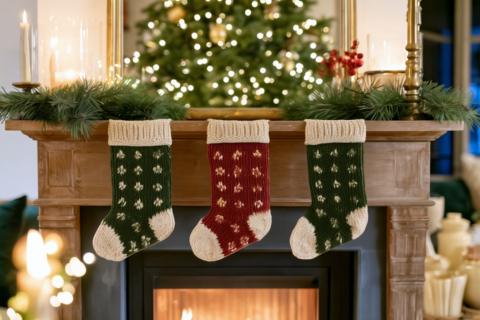 Drie gebreide kerstsokken in verschillende maten aan een schouw met dennengroen en kaarsen