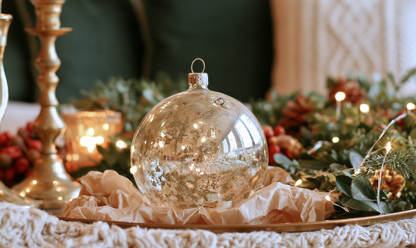 Close up van een dunne mondgeblazen kerstbal met verweerde zilverlaag