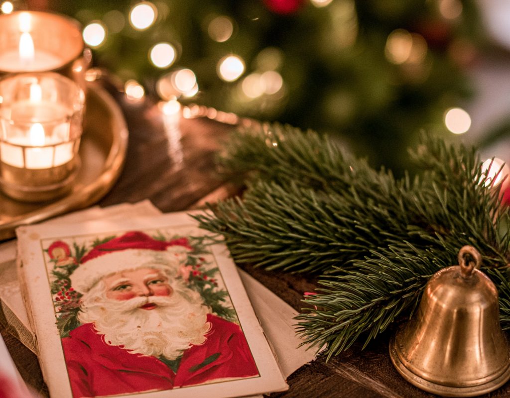 Close up van een vintage kerstkaart met een afbeelding van de kerstman