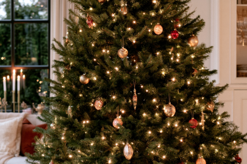 Volle kerstboom met veel warm witte lampjes die diep tussen de takken hangen, met goud en rode kerstballen